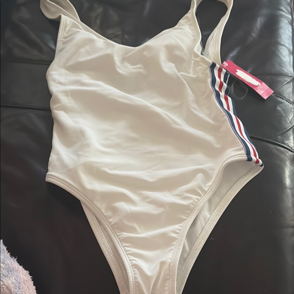 Xhilaration White One Piece Swimsuit with Red and Blue Stripes